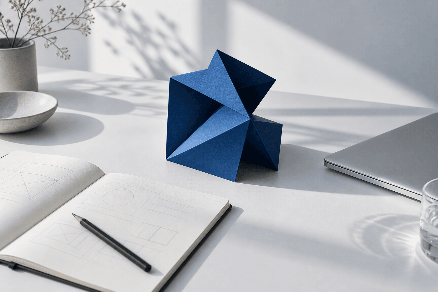 Blue folded-paper sculpture, a notebook and a laptop on a softly lit desk